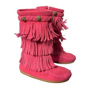 Minnetonka Toddler Girls Tall Pink Fringe Boots Size 8 Suede Leather Moccasins